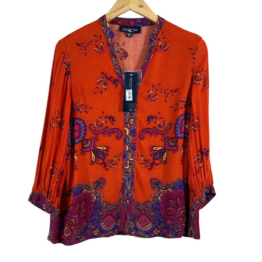 Jones New York Signature Orange Paisley Split Neck 3/4 Sleeve Blouse Size PP NEW